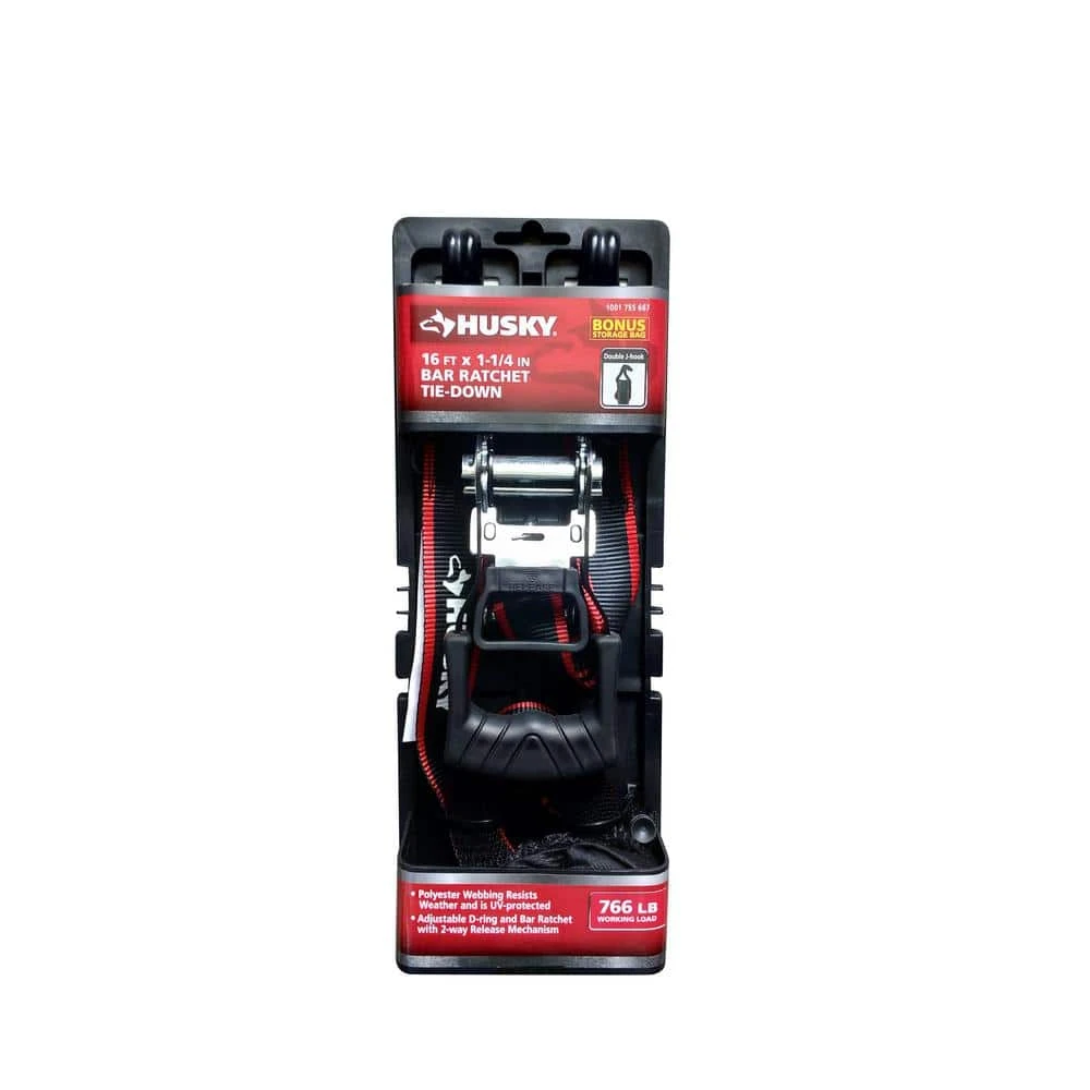 Husky 1-1/4 in. x 16 ft. Bar Ratchet Tie-Down Strap with J Hook and Mash Bag 7 Husky 1-1/4 in. x 16 ft. Bar Ratchet Tie-Down Strap with J Hook and Mash Bag - Image 5