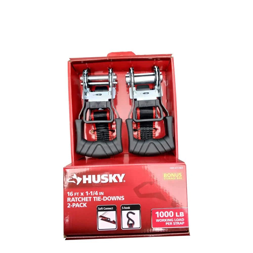 Husky 16 ft. x 1.25 in. Ratchet Tie-Down Straps with S-Hook (2-Pack) 3 Husky 16 ft. x 1.25 in. Ratchet Tie-Down Straps with S-Hook (2-Pack)