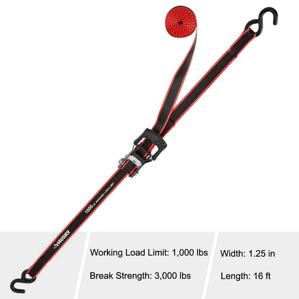 Husky 16 ft. x 1.25 in. Ratchet Tie-Down Straps with S-Hook (2-Pack) 4 Husky 16 ft. x 1.25 in. Ratchet Tie-Down Straps with S-Hook (2-Pack) - Image 2