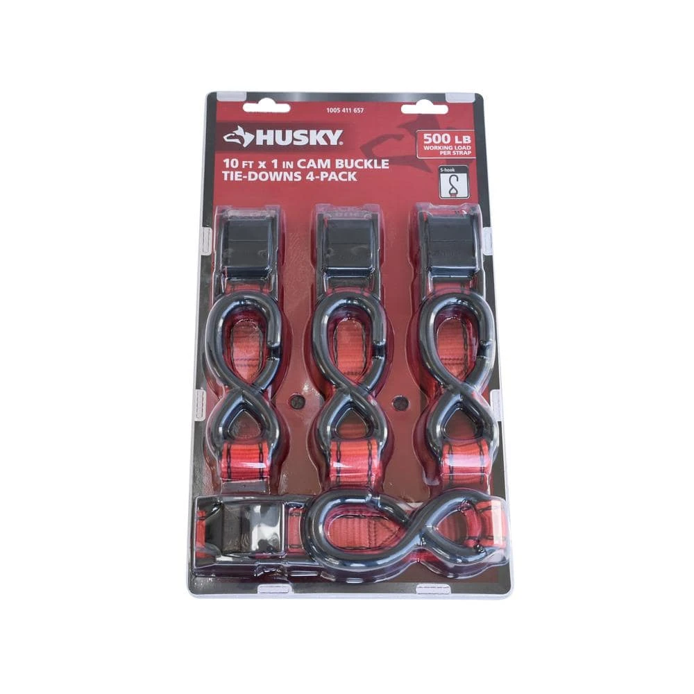 Husky 10 ft. x 1 in. Cam Buckle Tie-Down (Red) Straps with S Hook (4-Pack) 3 Husky 10 ft. x 1 in. Cam Buckle Tie-Down (Red) Straps with S Hook (4-Pack)