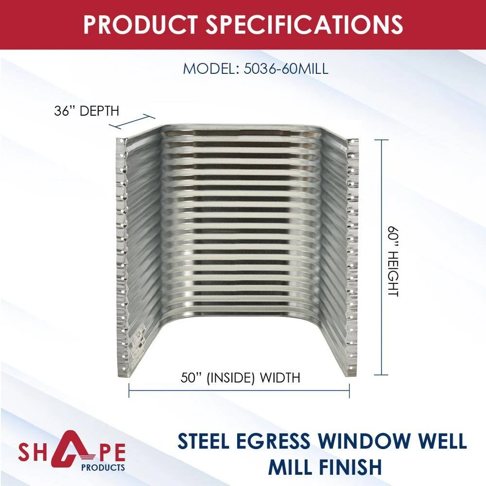 SHAPE PRODUCTS 50 in. W x 36 in. D x 60 in. H Galvanized Steel Egress Window Well 4 SHAPE PRODUCTS 50 in. W x 36 in. D x 60 in. H Galvanized Steel Egress Window Well - Image 2